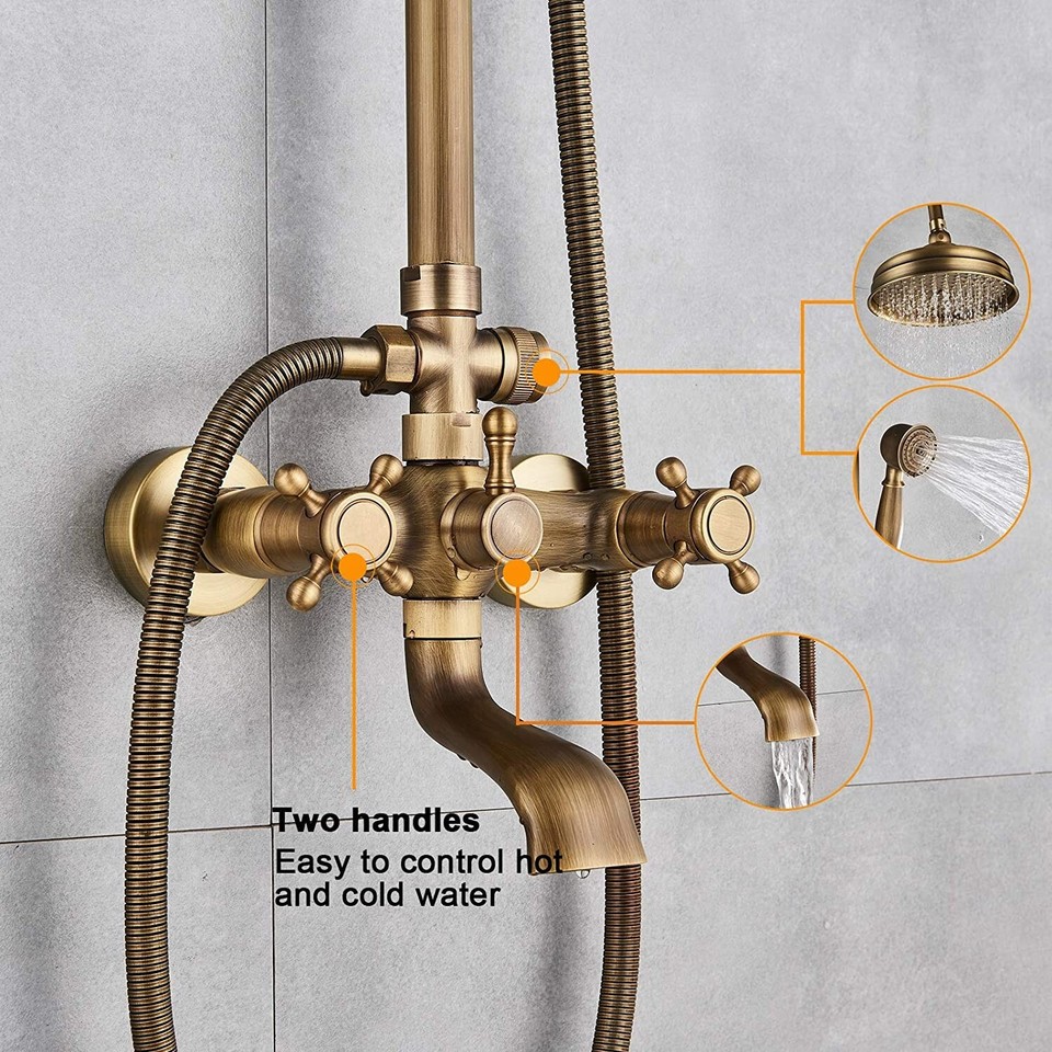 Shower Faucet Set 8 Rain Exposed Pipe Shower 2 Double Knobs Handle Chrome Polish Triple Function Tub Spout Shower Fixture Combo System Unit Set