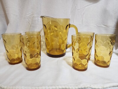 Vtg Hazel Atlas Eldorado Amber Thumbprint Pitcher & 6 Glasses EUC Priority Ship