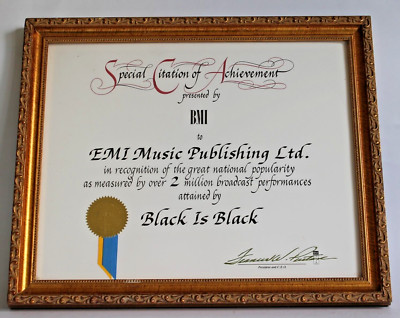 BMI AWARD - LOS BRAVOS - 'BLACK IS BLACK' - 1966 - ***NOW REDUCED***