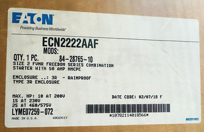 NEW EATON ECN2222AAF Combo Starter FVNR Sz 2 w/ 50A HMCP Breaker, 3R Enclosure