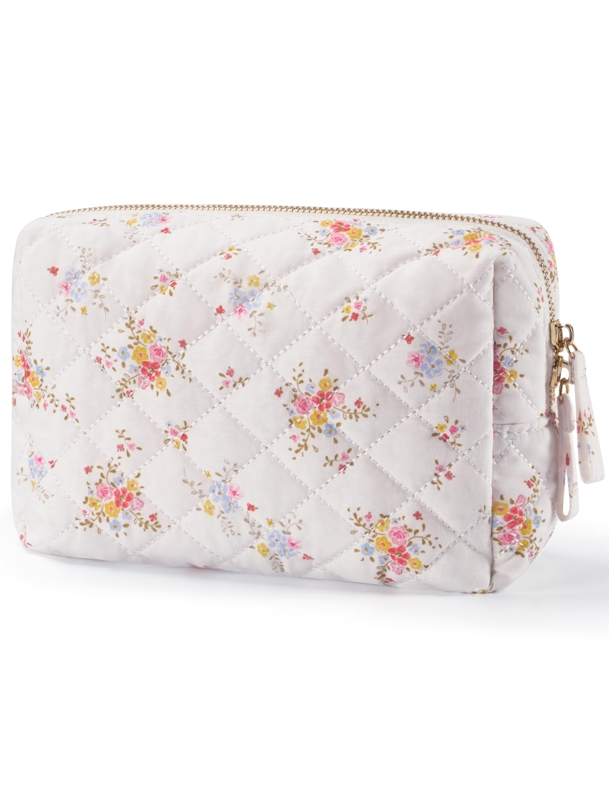Popvibe Floral Quilted Cotton Makeup Bag Medium Travel Cosmetic Pouch for Women