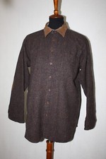 Vtg Woolrich Sz L Brown Black Check Wool Shirt Shacket Leather Trim USA Made