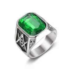 Men's Vintage Freemason Wedding Ring Stainless Steel Masonic Green CZ Biker Ring