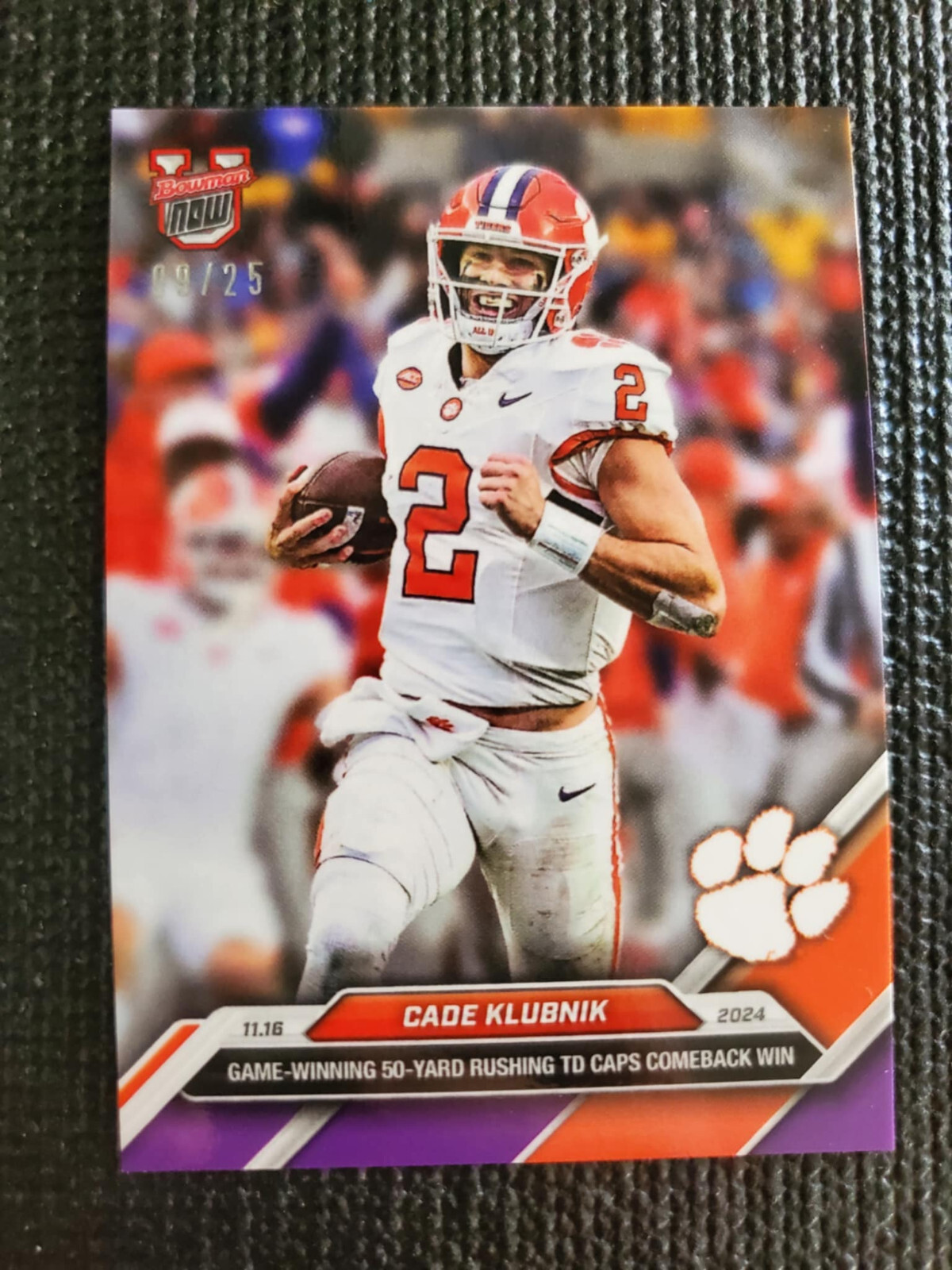 Cade Klubnik Clemson 2024 Bowman U NOW Football Card 42 Purple Parallel 9/25