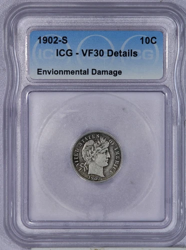 1902-S Barber Dime 10c ICG VF30 Details