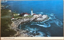 Casco Bay Lighthouse Maine Aerial Portland Head Light Postcard c1960