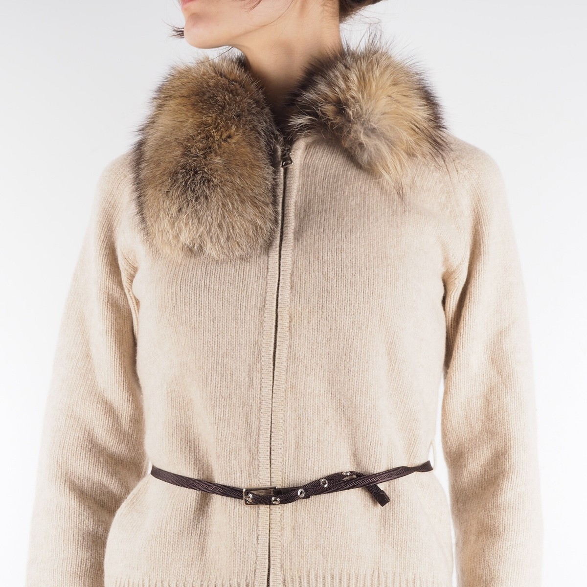 PRADA Women's Vintage Beige Wool Fur Leather Belted Zip Sweater