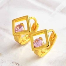 Cute New Yellow Gold Filled Rhombus Set Round Pink CZ Round Huggie Hoop Earrings