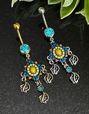 1pc Tribal Bead Paved Belly Ring w/ Filigree Dangles Navel Naval Piercing