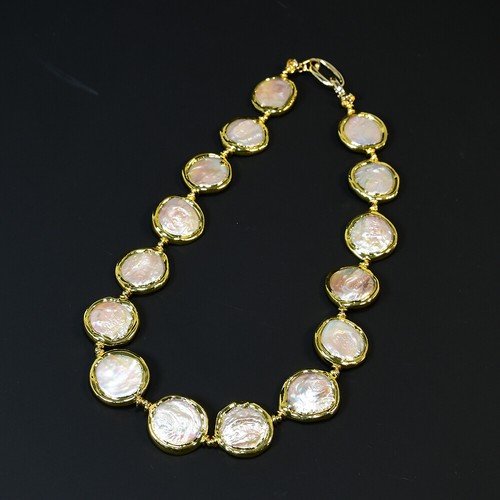 Cultured White Coin Keshi Pearl Gold Plated Pearl Necklace Bracelet Earrings Set - Picture 6 of 21