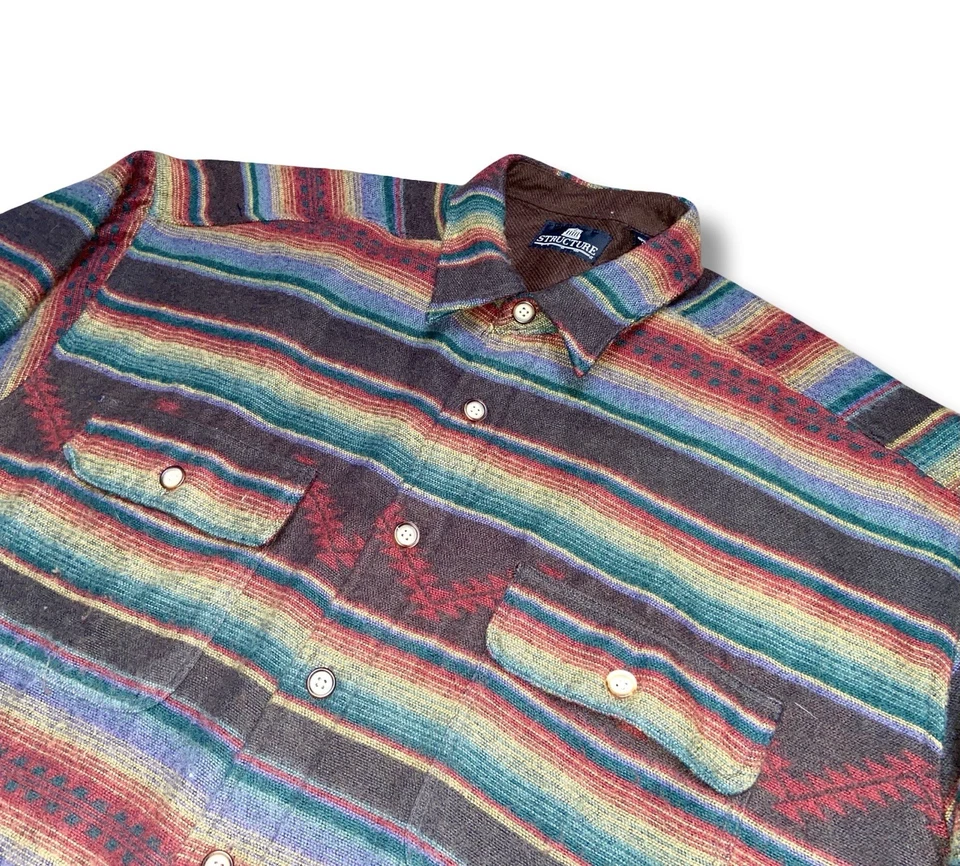 VTG Serape Striped Acrylic Flannel Mens Large Western Aztec Colors Button Up - Image 2 of 4