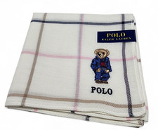 POLO Ralph Lauren Bear Embroidered Handkerchief Navy Plaid 49cm Cotton Scarf
