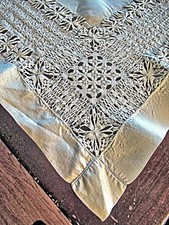 Vtg Table Topper 29" Sq White LinenHandmade Lace Intricate Geometric Patterns
