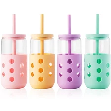 Glass Cups with Lids and Straws (4 Pcs), 16oz Drinking Glasses Set with Silic...