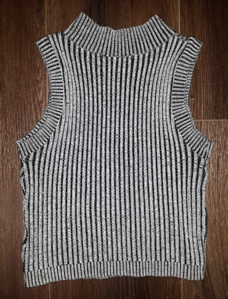 Серый и черный в полоску ребристый свитер вязаный высоты насмешливый шеи Майка рубашка средний - Изображение 3 из 4