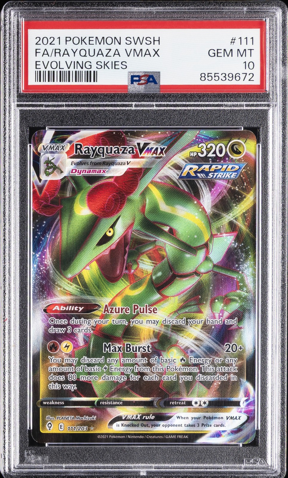 2021 POKEMON SWORD & SHIELD EVOLVING SKIES #111 FULL ART/RAYQUAZA VMAX PSA 10