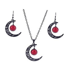 Gothic Witch Moon Necklace and Earrings Set for Women,Black Moon Crystal Red
