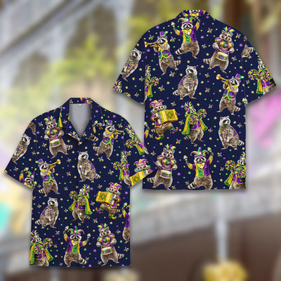 Mardi Gras Raccoon Hawaiian Shirt for Adult Youth Carnival Racoon Aloha Shirt Fu