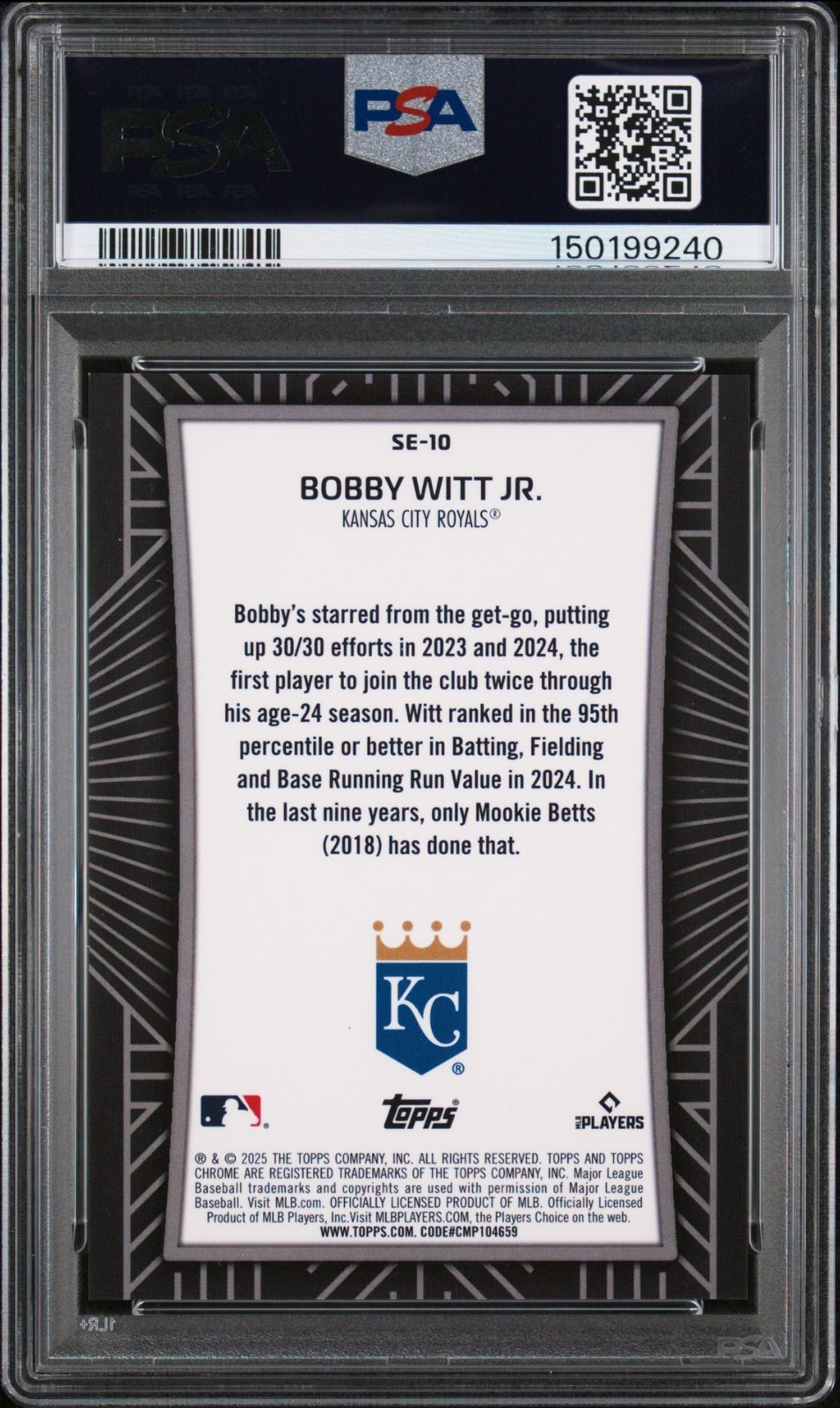 2025 Topps Chrome Shadow Etch SE10 Bobby Witt Jr. ORANGE REFRACTOR 03/25 PSA 10 view 2