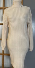 Ribbed Turtleneck Sweater Mini Dress Sz M Beige Knit Cotton Blend Casual