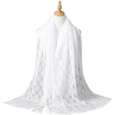 Elegant Lace Hollow Out Fringe Shawl for Women 170x55cm White Polyester Scarf