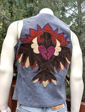 vintage 70's suede leather vest patchwork eagle heart lotus hippie rock star m/l