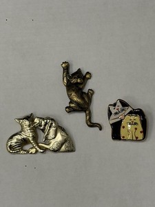 Lot of 3 Cat Themed Pins Gold Tone Ceramic Brooches