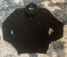 Vtg Polo Ralph Lauren Mens Black 100 Lambswool Sweater L Preppy Collared Pony