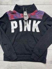 Victoria's Secret PINK Sweatshirt Womens XS Black Floral 1/4 Zip Pullover Logo