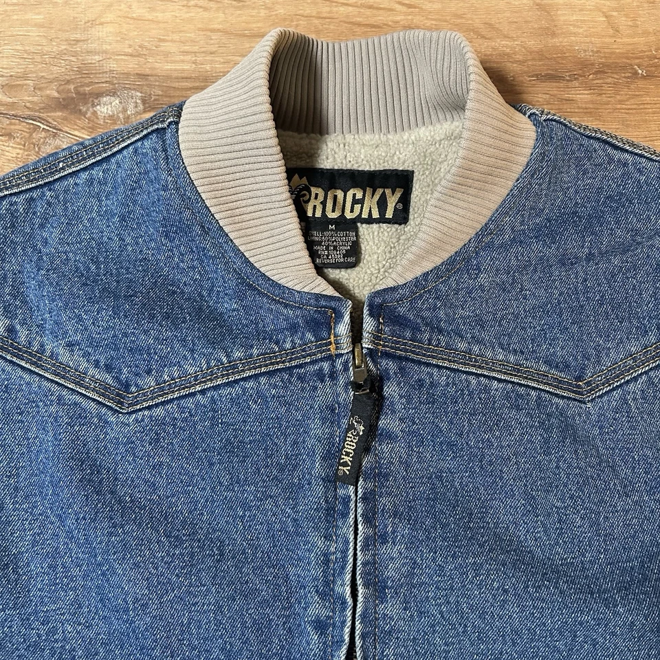 Colete jeans vintage anos 90 Rocky masculino M Sherpa forrado de lã zíper completo faroeste - Imagem 2 de 4