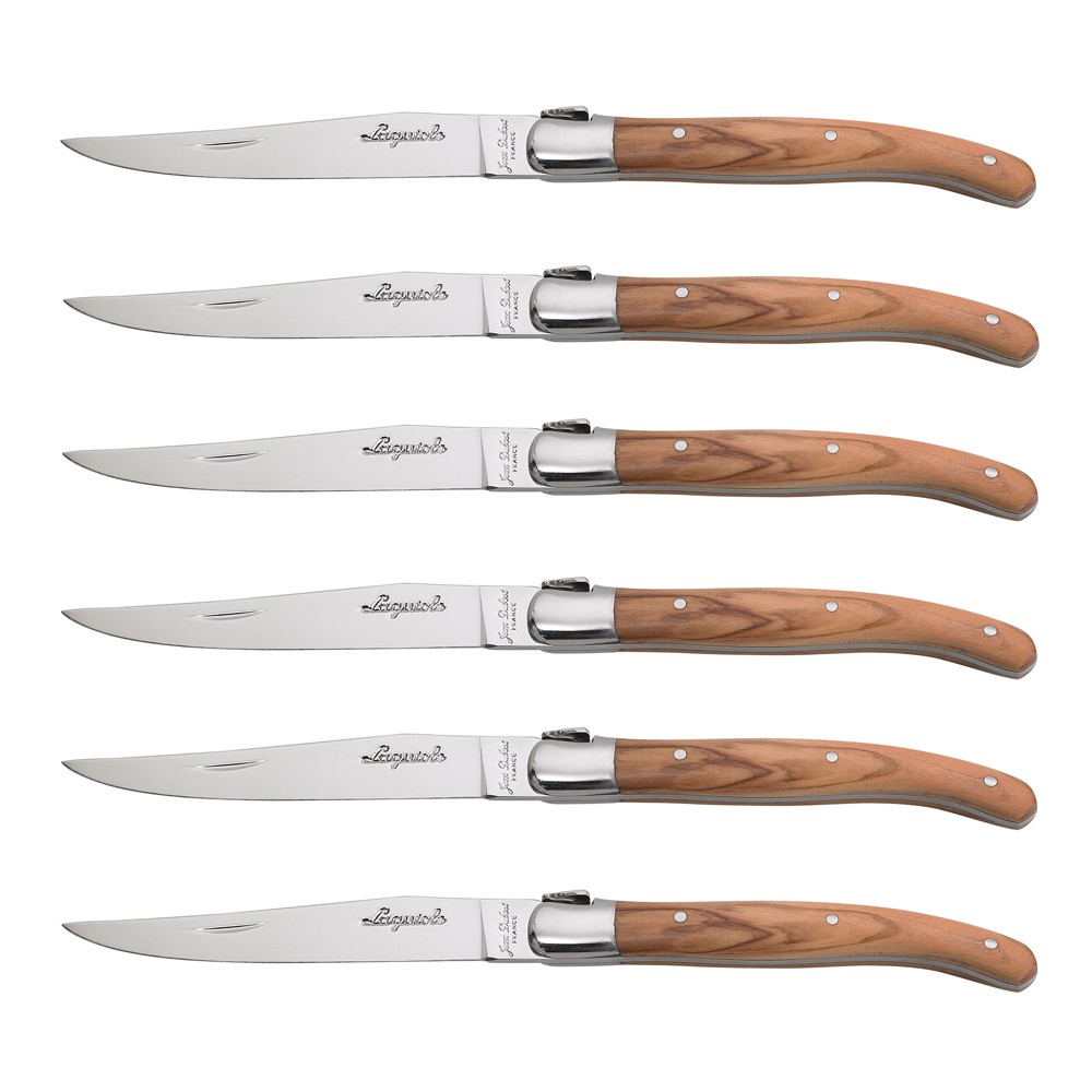 Couteaux Laguiole bois olivier et acier inoxydable inox en coffret de table 26x14 cm