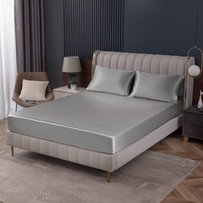 Satin Fitted Sheet Queen Size Light Grey Deep Pocket Luxury Soft Bedding