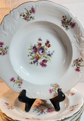 Set 6 Vintage Walbrzych Poland Porcelain Soup Bowls Floral Gold Rim