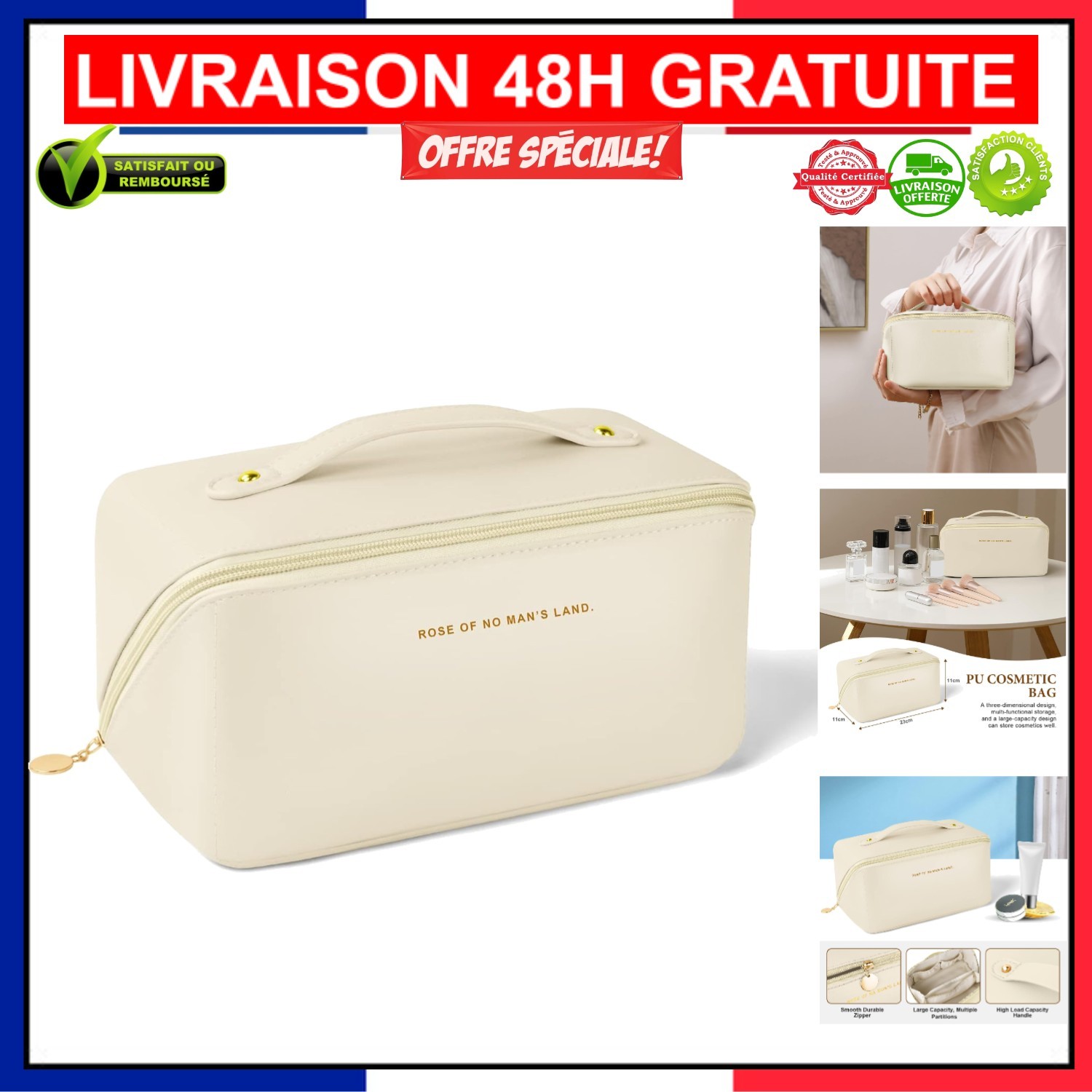 Trousse de rangement toilette femme grand volume avec poignée renforcée et séparateurs