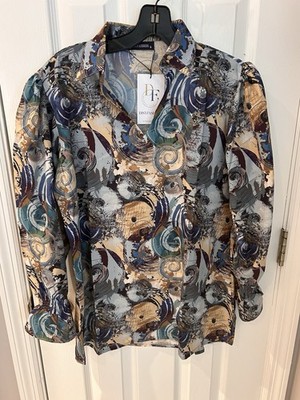(6 avail) DISYFASHION Abstract Print Sleeve Blouse Smocked Cuffs XS-XL NWT 