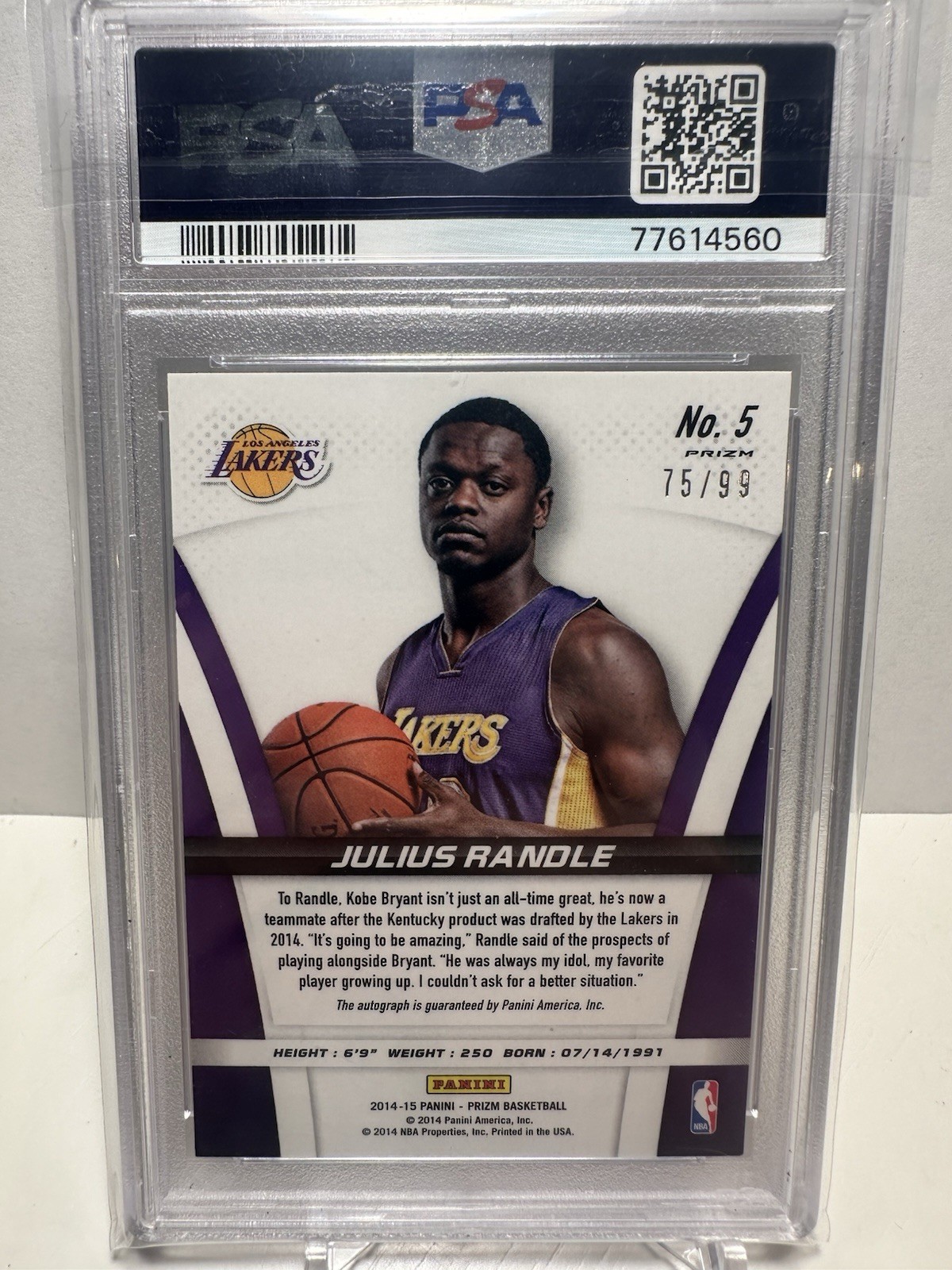 2014-15 Panini Prizm Julius Randle Purple /99 Auto Rookie RC PSA 10 Nets view 2
