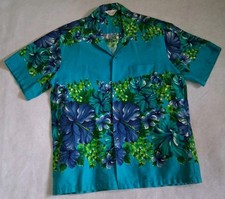 Mens Vintage 60s Hawaiian Togs Barkcloth short sleeve shirt L cotton blue floral