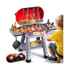 Kids Play Kitchen Toys Set: 68-Piece Pretend Grill BBQ Toy with Real Smoke, S...