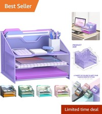 Compact Purple Desk File Organizer: 3-Tier an...