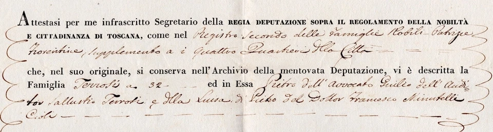 1854 Tuscany Royal Deputation Regulation of Nobility and Citizenship Certificate - Image 2 of 4