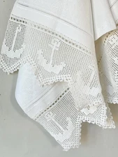 40x18 Nautical Coastal Antique American Linen Towel Handmade Damask Anchor Lace