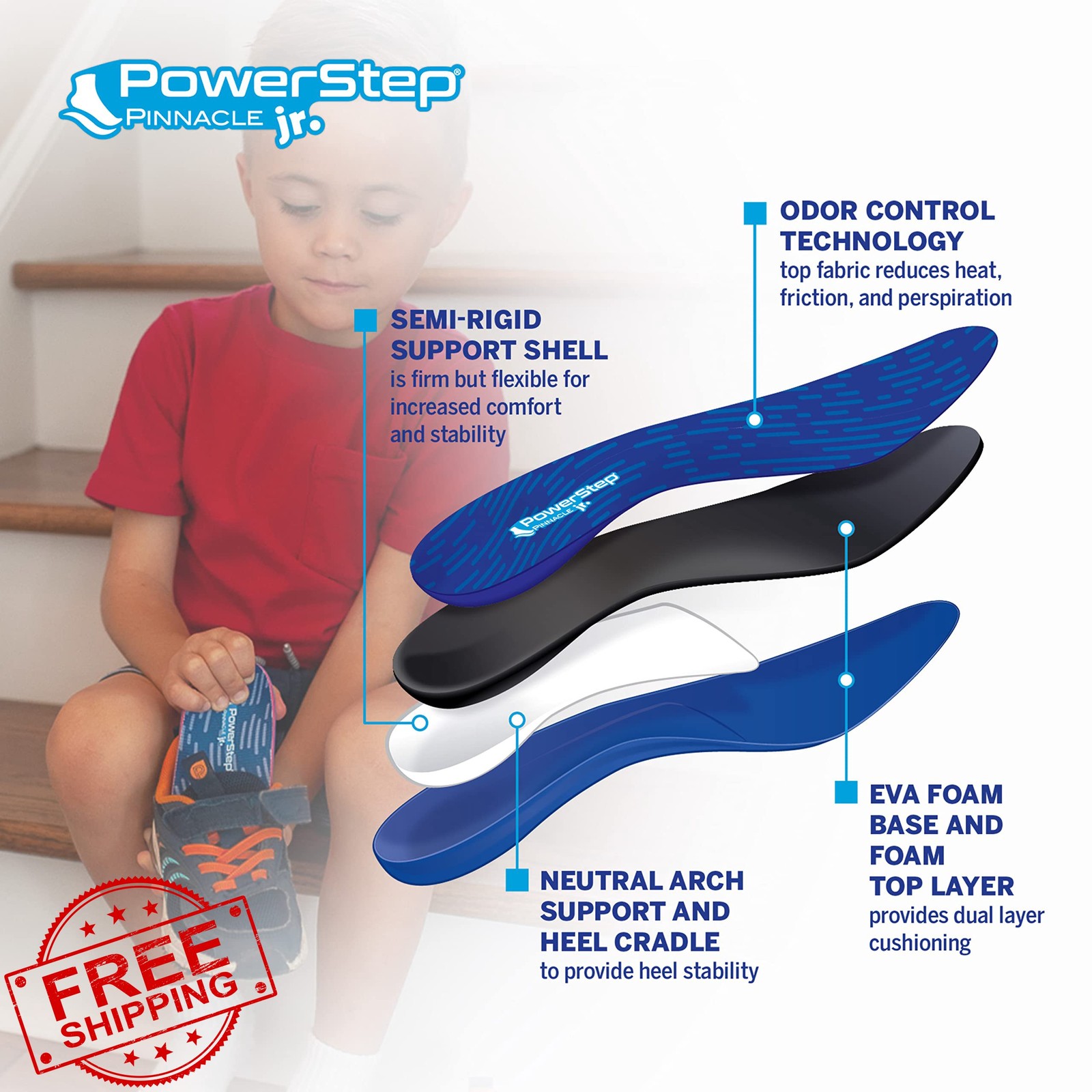 PowerStep Pinnacle Junior Insoles, Youth 2, Kids Arch Support