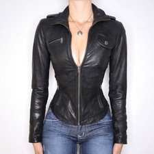 90s Vintage Black Leather Jacket Zip Up Slim Fit Moto Jacket Biker Sexy Grunge