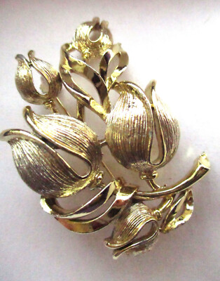 Lisner Brooch or Pin and Earrings Set Signed Textured Bouquet of Tulip Flowers