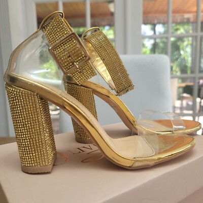 olivia elegant gold rhinestone sparkle strappy block heels size