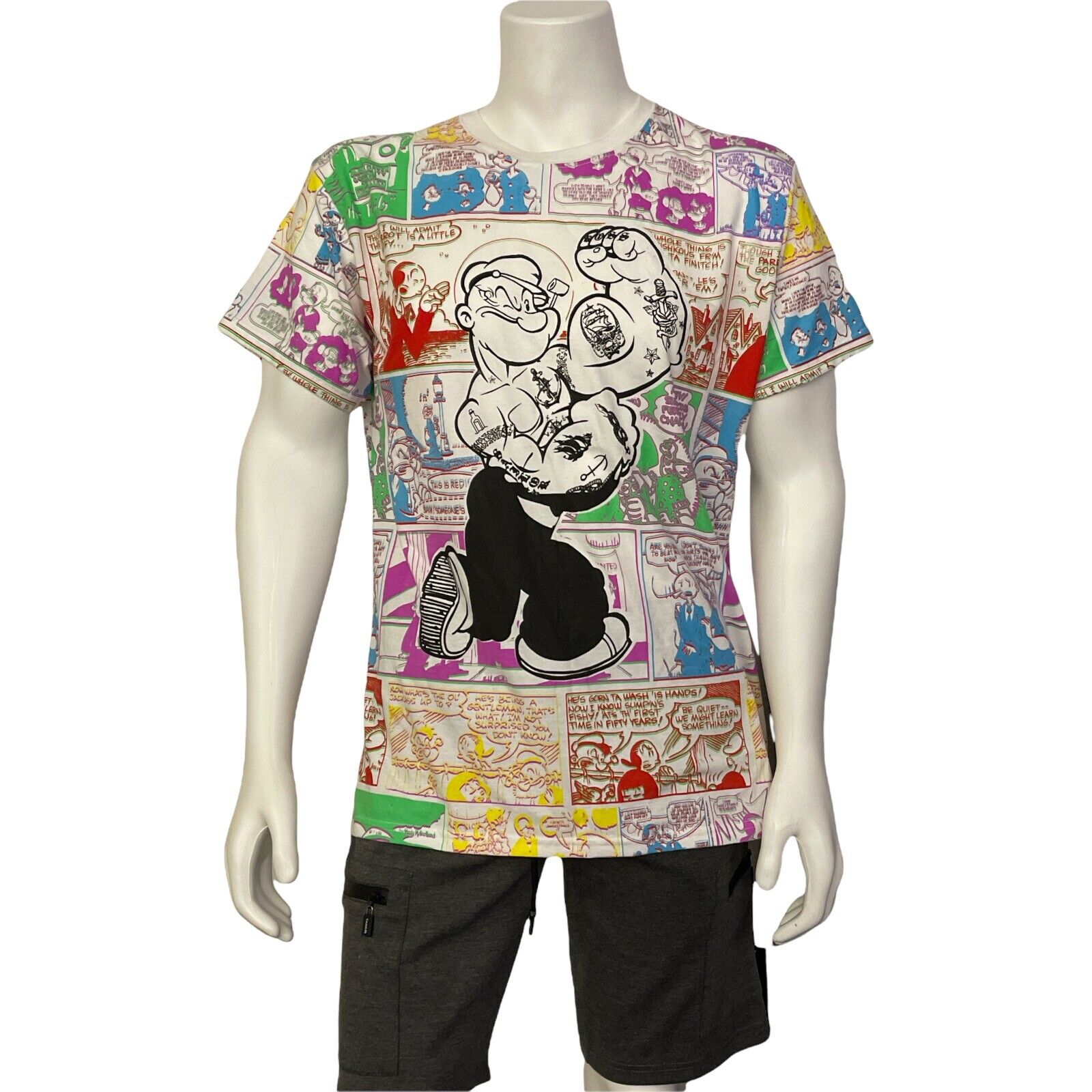 Men's T Shirt Popeye Comic Tee - White Multi Crew Neck Short Sleeve Size XL