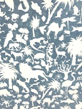 Vintage Lee Jofa Fabric 2.5 yards Blue Jungle Palm Tree Block Print Animal 