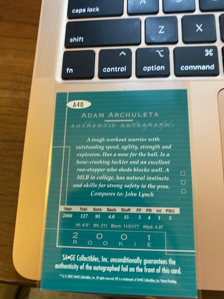 2001 SAGE Hit Foilboard Adam Archuleta #A40 Rookie Auto - Image 2 of 2