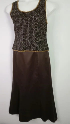 ADRIANNA PAPELL Women's 14P Brown Silk Beaded Sleeveless Top Maxi Skirt Formal 