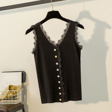 Ladies Knitted Lace Trims Camisole Tank Top Sleeveless Shirt Vest Button Daily